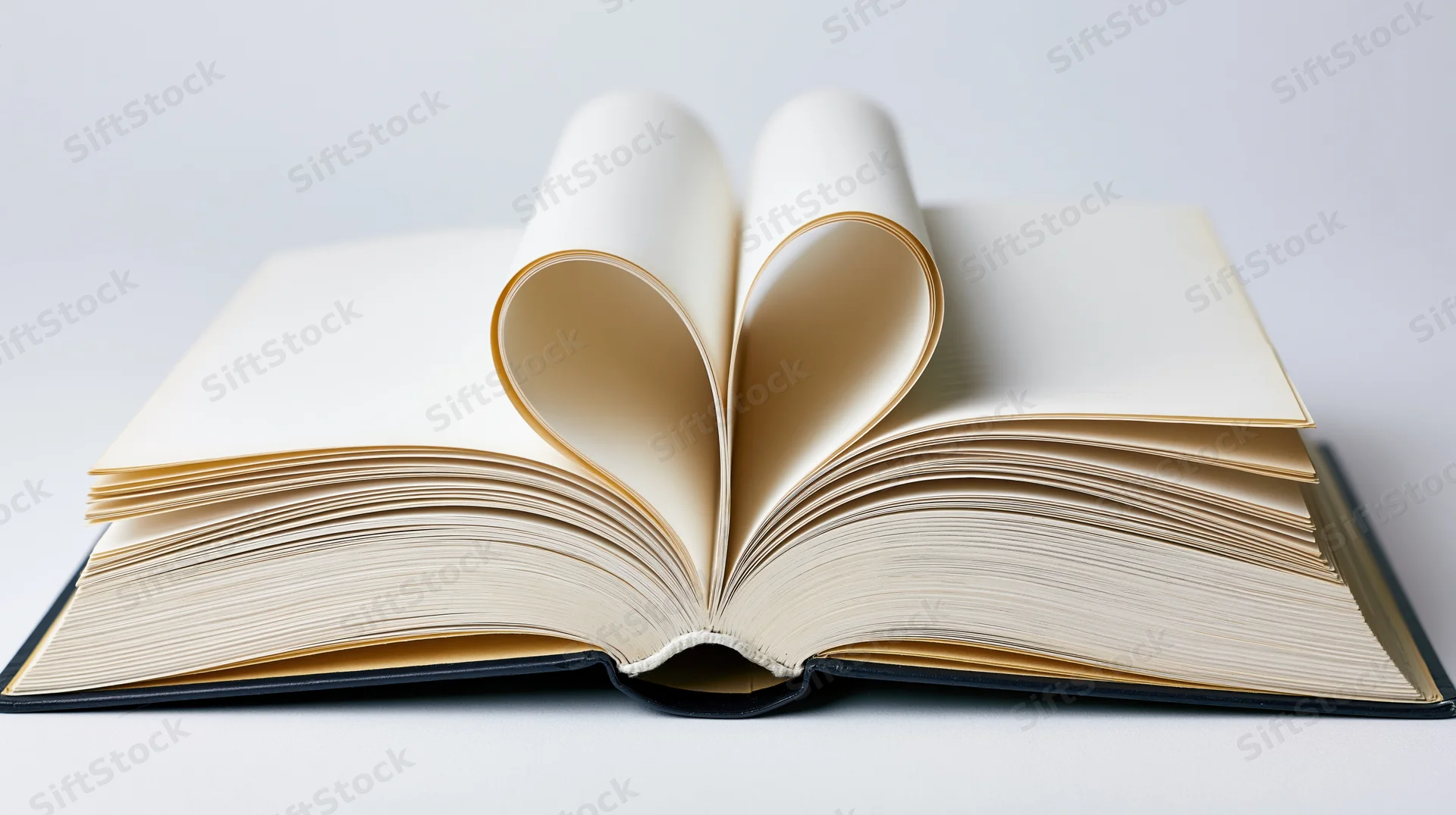 Open hardcover book with center pages curved into a heart shape on white surface
