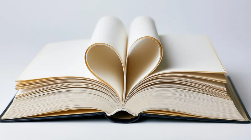 Open hardcover book with center pages curved into a heart shape on white surface
