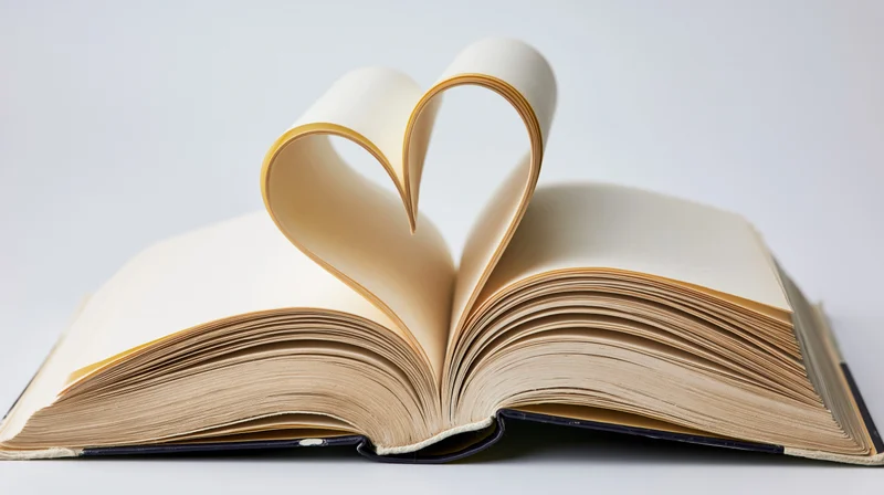 Open hardcover book with pages folded into heart shape on white background