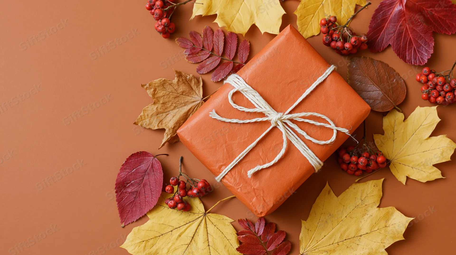 Orange-wrapped gift box tied with white twine bow surrounded by autumn leaves and red berries on a warm brown background