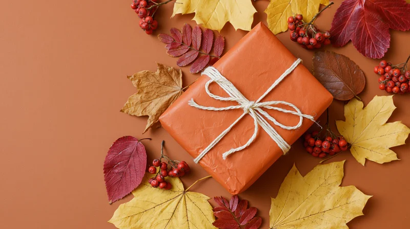 Orange-wrapped gift box tied with white twine bow surrounded by autumn leaves and red berries on a warm brown background