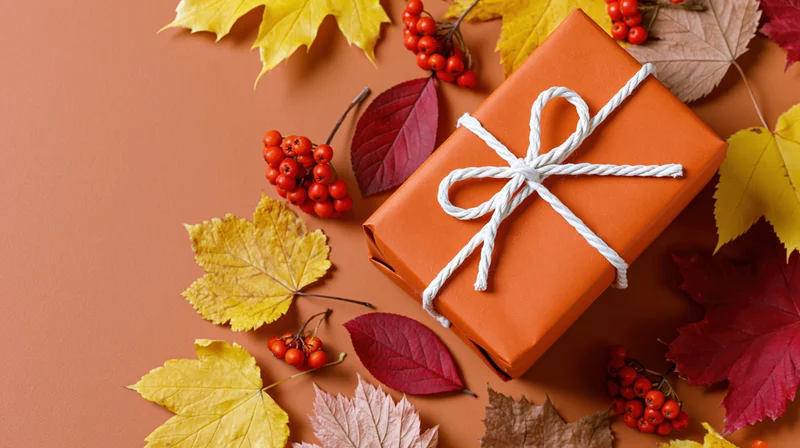 Orange-wrapped gift box tied with white twine bow surrounded by autumn leaves and red berries on a warm terracotta background
