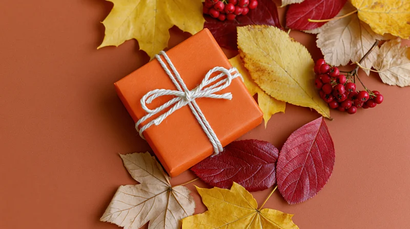 Orange-wrapped gift box tied with white twine bow surrounded by autumn leaves and red berries on a warm brown surface