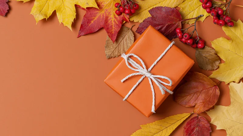 Orange-wrapped gift box tied with white twine bow surrounded by autumn leaves and red berries on terracotta surface
