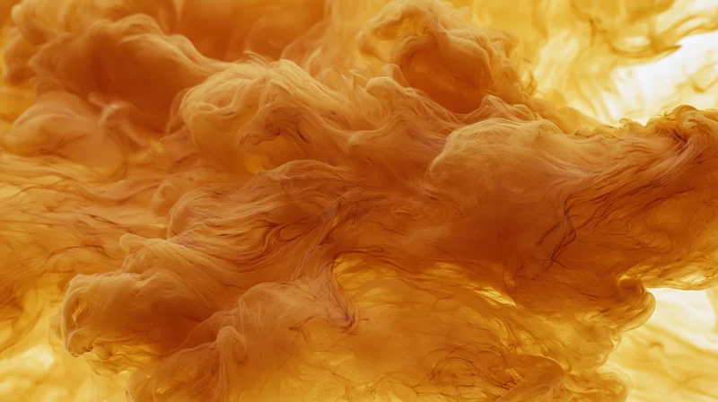 Swirling orange and amber ink diffusing in water against a bright background