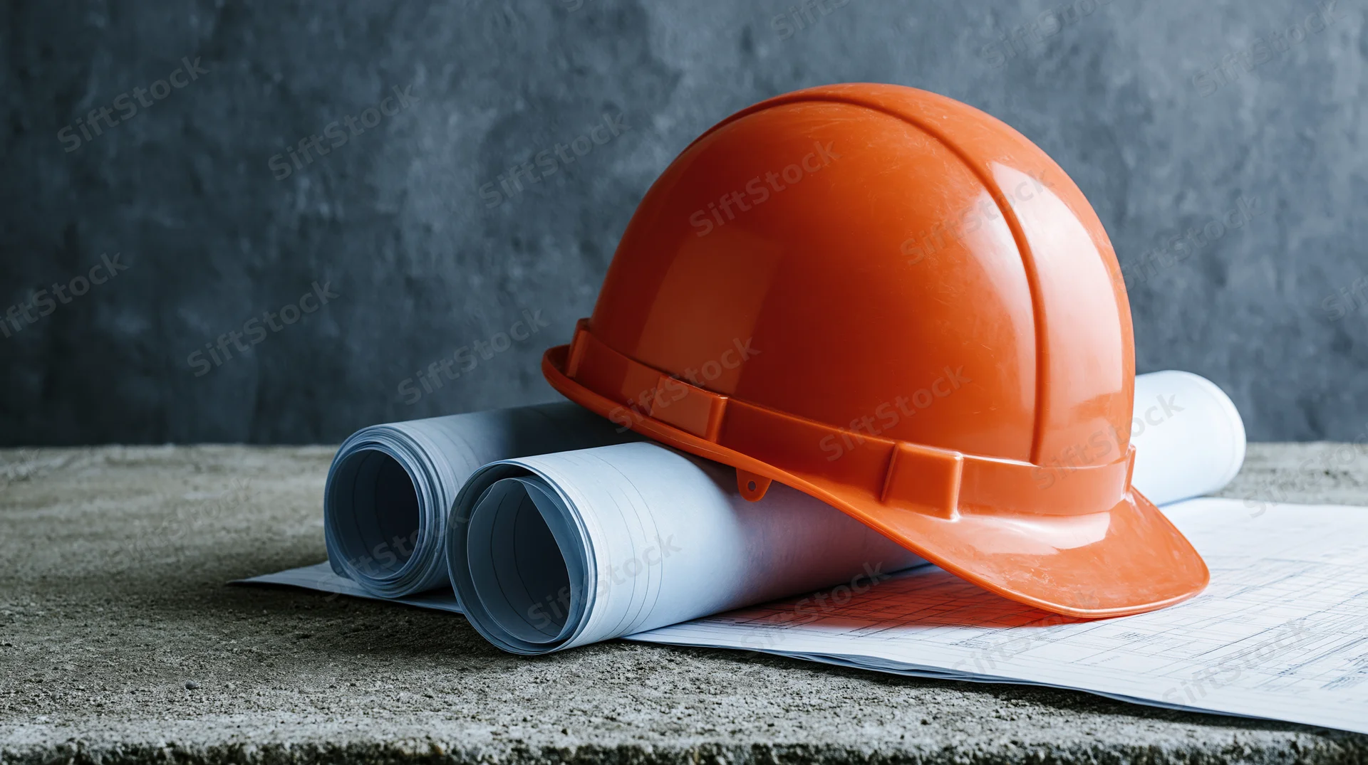 Orange hard hat resting on rolled blueprints on a concrete surface