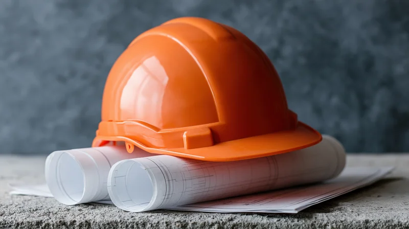 Orange hard hat resting on rolled blueprints on a concrete surface