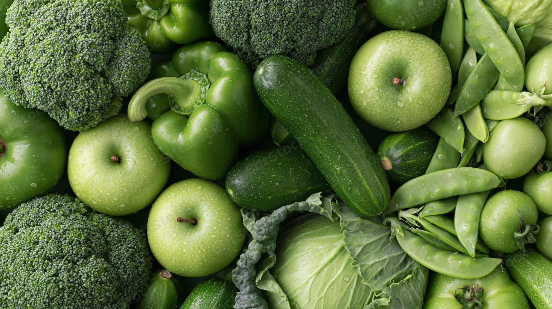 Overhead flat lay of assorted green vegetables and fruits arranged together on a surface