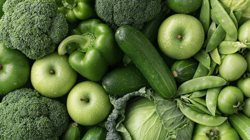 Overhead flat lay of assorted green vegetables and fruits arranged together on a surface