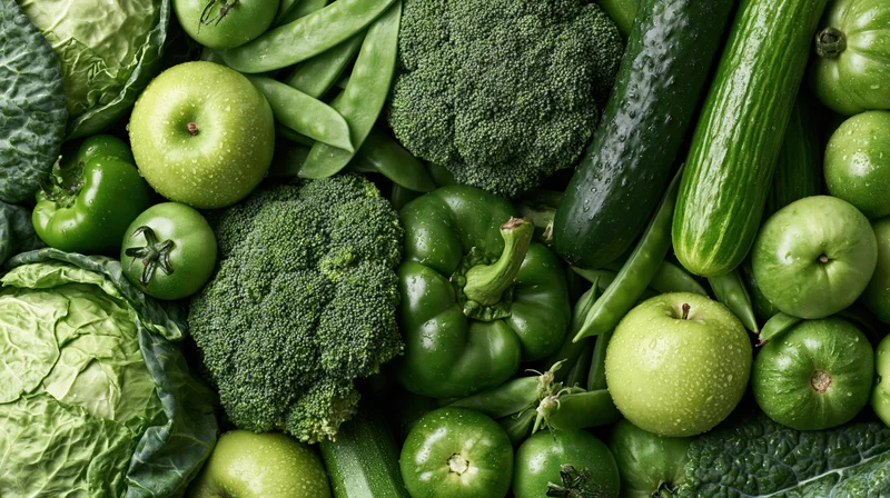 Overhead flat lay of assorted green vegetables and fruits arranged together