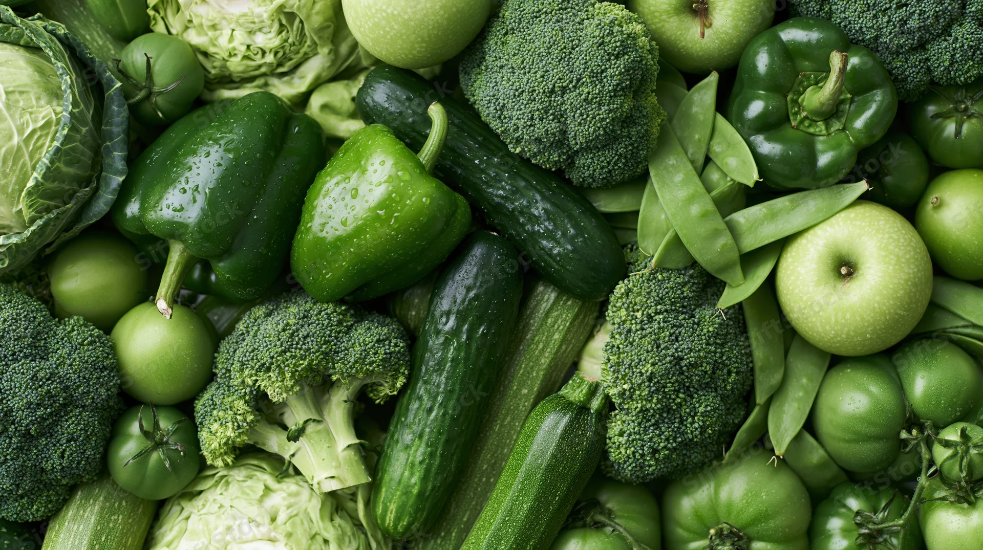 Overhead flat lay of assorted green vegetables and fruits arranged together