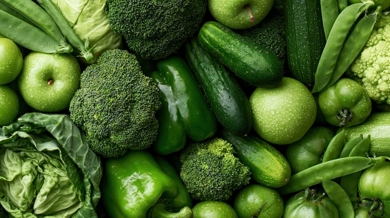 Overhead flat lay of assorted green vegetables and fruits arranged in a dense pattern