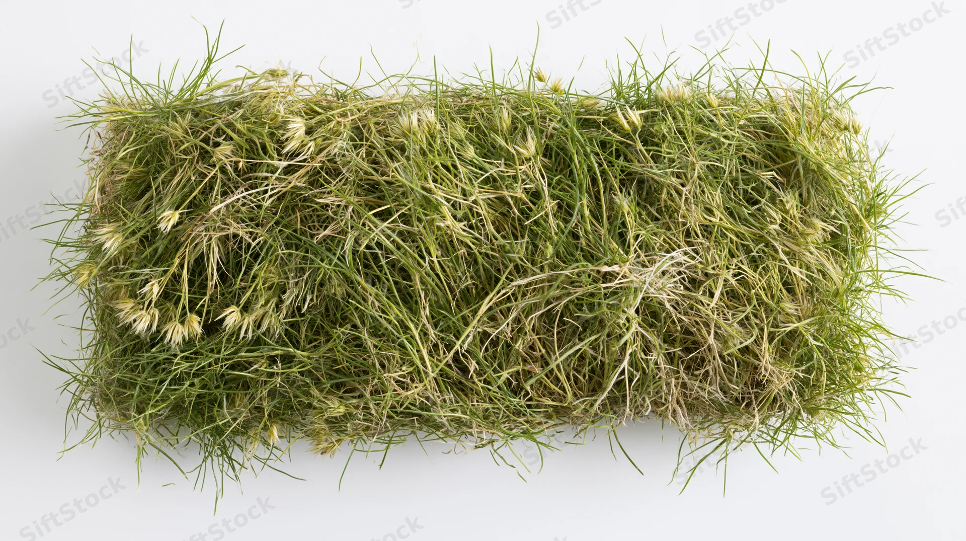 Rectangular patch of wild grass viewed from overhead on white background