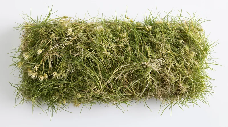 Rectangular patch of wild grass viewed from overhead on white background