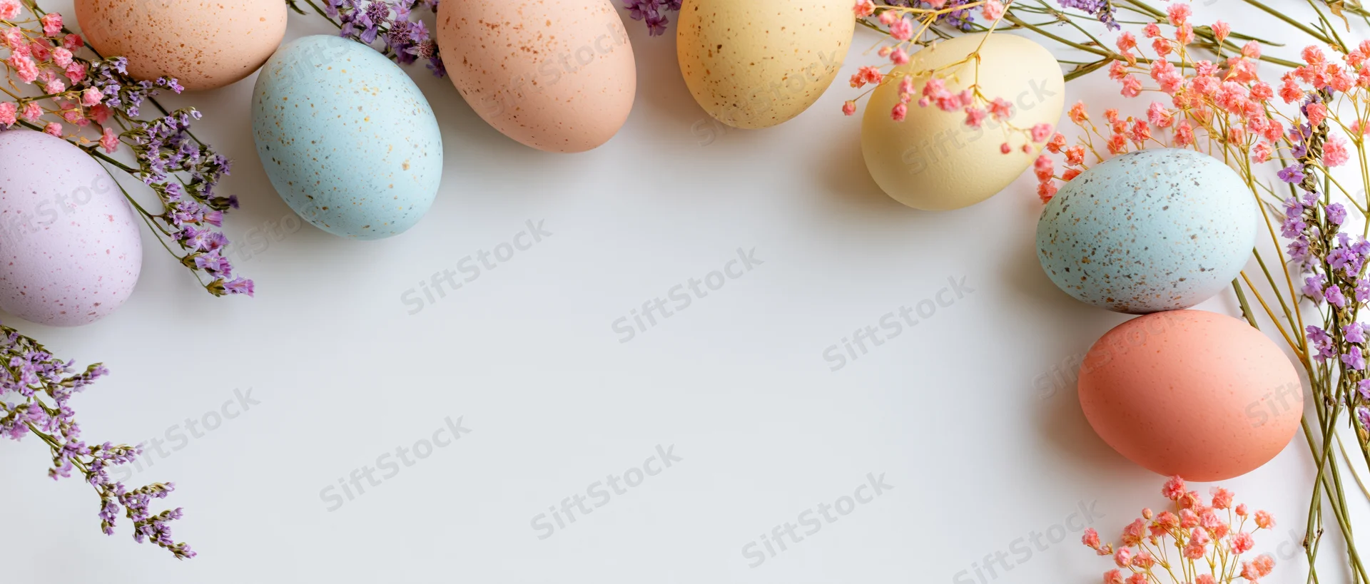 Pastel-speckled easter eggs and delicate gypsophila sprigs arranged in a flat lay on white surface with copyspace
