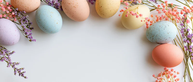 Pastel-speckled easter eggs and delicate gypsophila sprigs arranged in a flat lay on white surface with copyspace