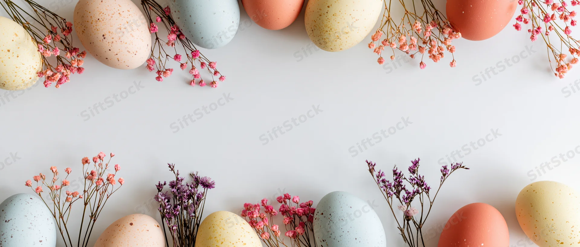 Pastel-speckled easter eggs and delicate gypsophila sprigs arranged in border on white surface with copyspace