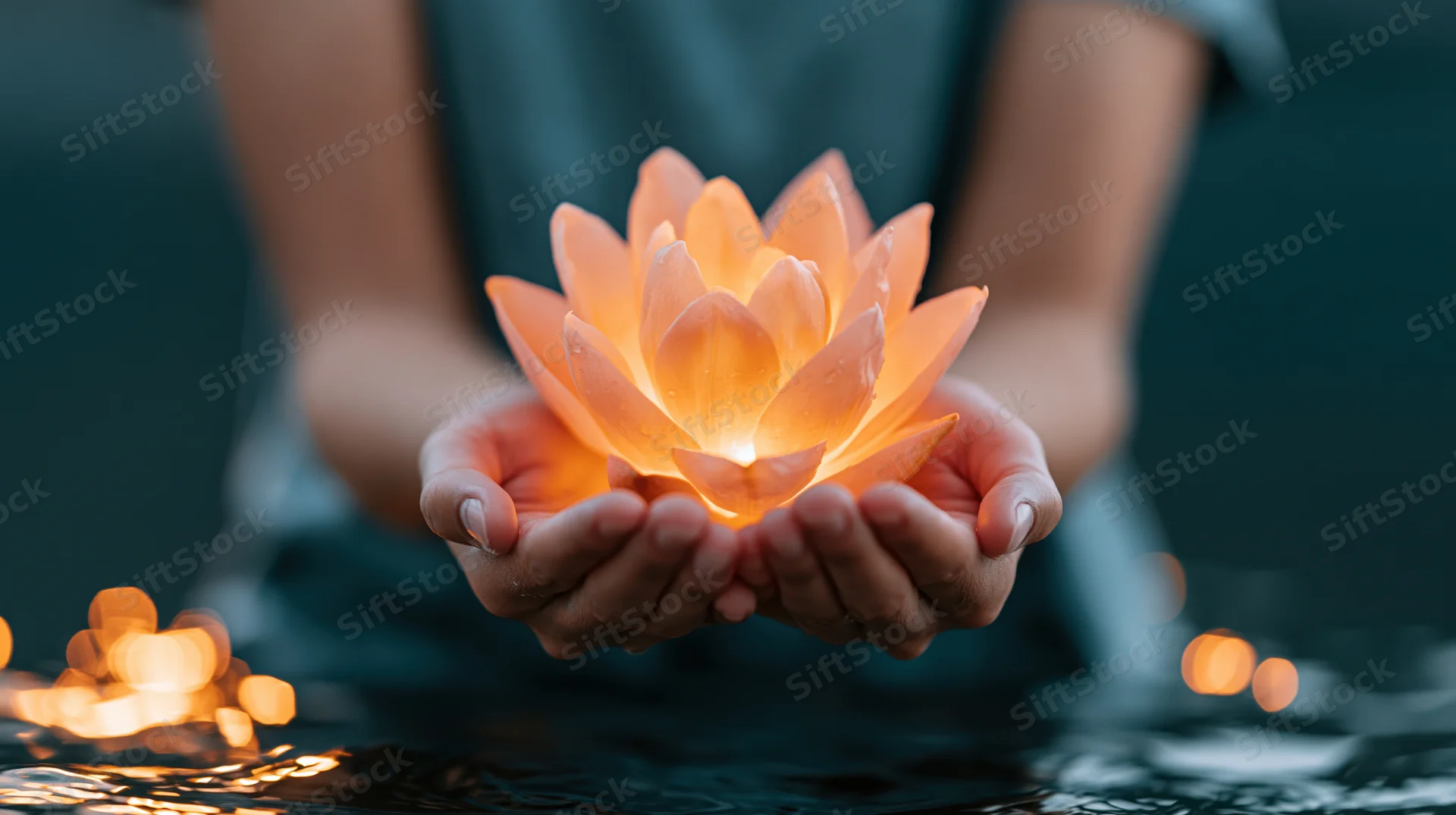 Cupped hands holding glowing peach lotus flower over dark water with bokeh lights