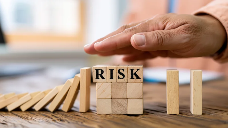 Hand stopping wooden cubes spelling risk from toppling in office setting