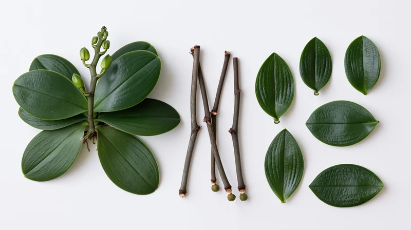 Phalaenopsis orchid plant parts arranged as botanical specimen on white background