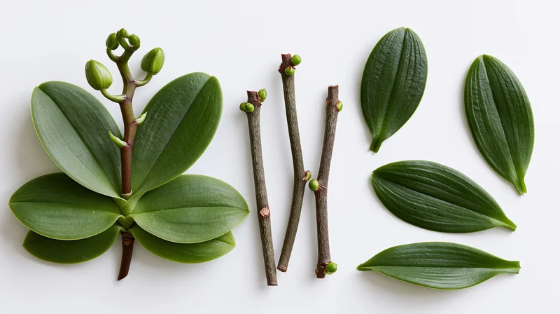 Phalaenopsis orchid plant parts arranged as botanical specimen on white background