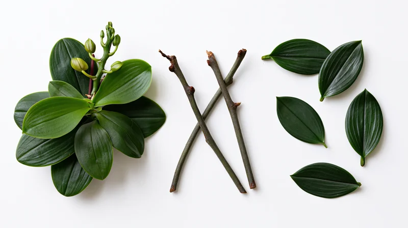 Phalaenopsis orchid plant parts arranged in a flat lay on white background