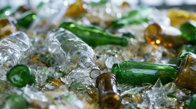 Broken glass bottles and shards piled together in a heap