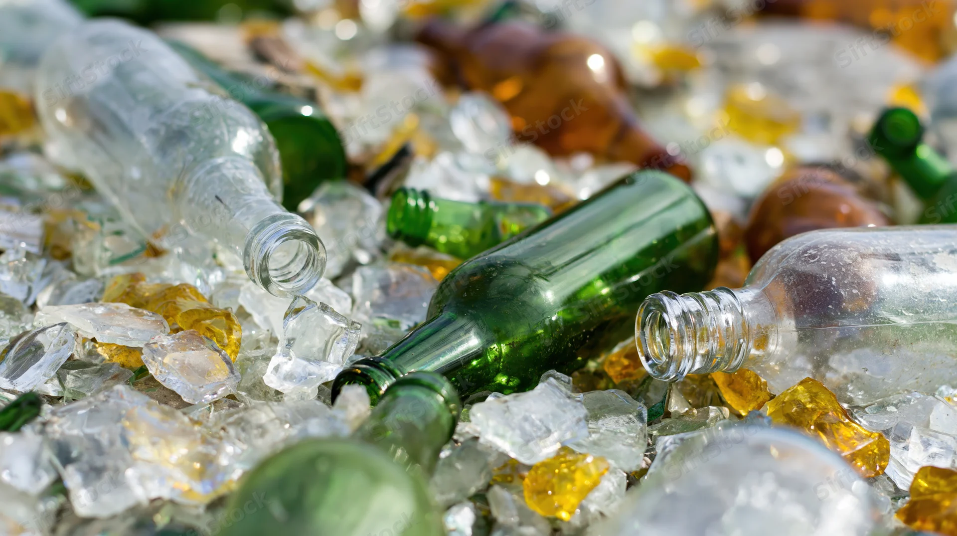Scattered glass bottles and broken fragments piled together
