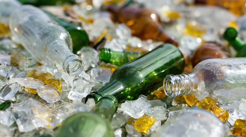 Scattered glass bottles and broken fragments piled together