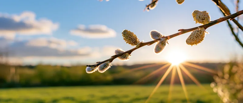 Pussywillow branch with fuzzy catkins in front of rising sun over green field