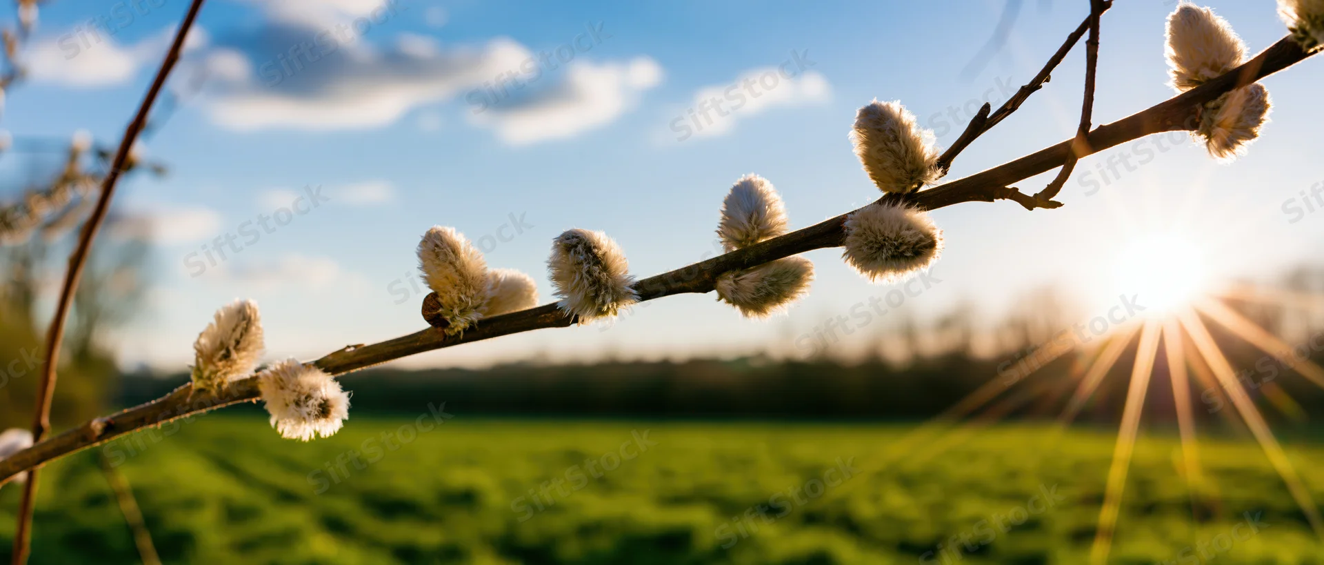 Pussywillow branch with fuzzy catkins in closeup against a sunlit green field at sunrise