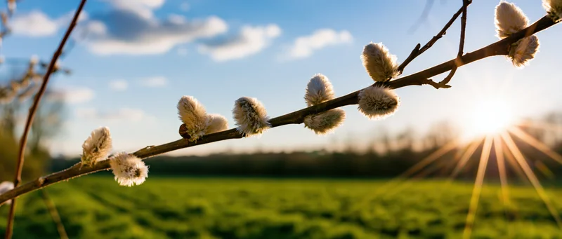 Pussywillow branch with fuzzy catkins in closeup against a sunlit green field at sunrise