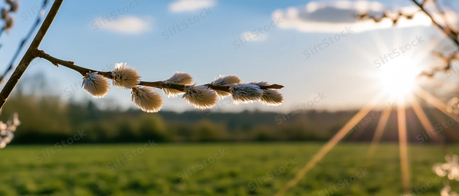 Close-up of pussywillow branch with fuzzy catkins against a sunlit green field