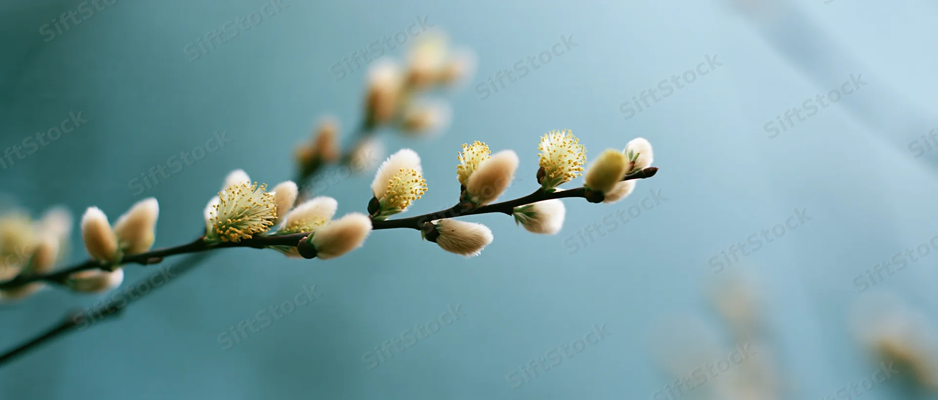 Pussywillow branch with soft fuzzy catkins blooming in early spring against a blurred blue background