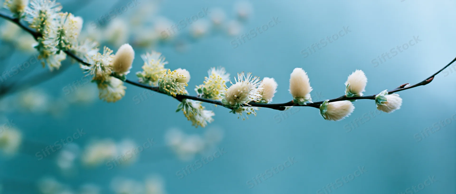 Pussywillow branch with soft fuzzy catkins in early spring against a blue background