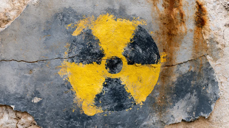 Radiation warning symbol painted on a cracked weathered concrete wall
