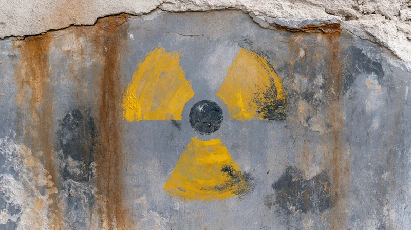 Radiation warning symbol painted in yellow and black on a weathered concrete wall