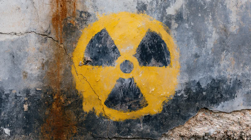 Radiation warning symbol painted on a cracked concrete wall