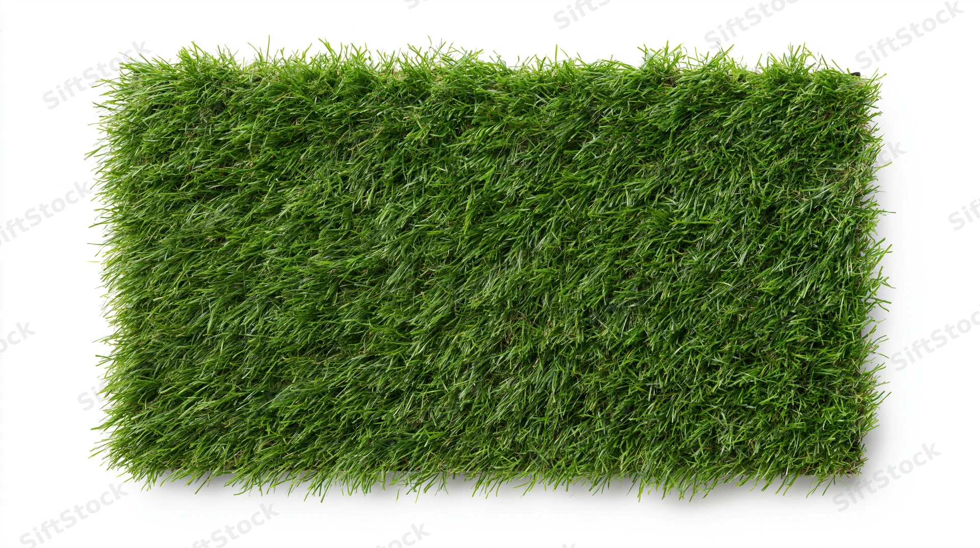 Rectangular patch of dense green artificial grass isolated on white background