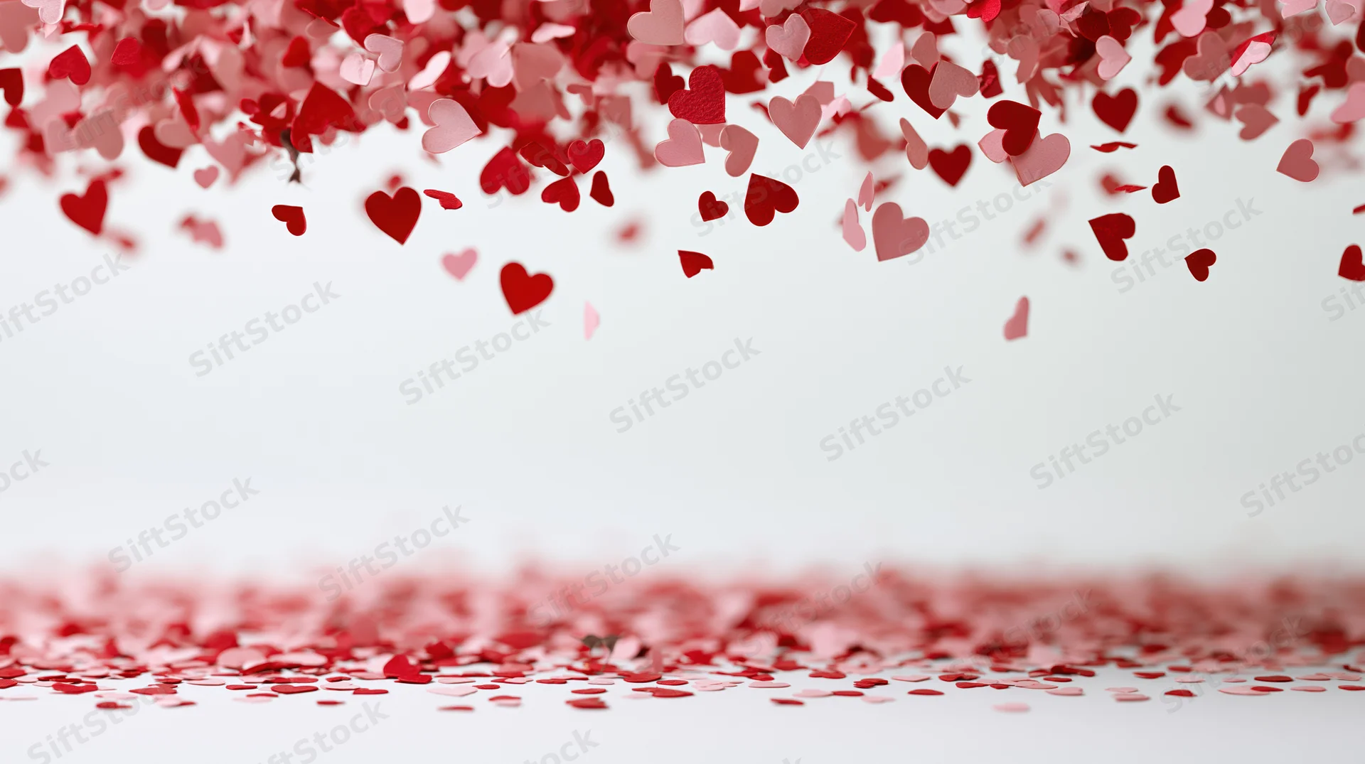 Red and pink paper heart confetti falling from top edge onto white surface with copyspace below