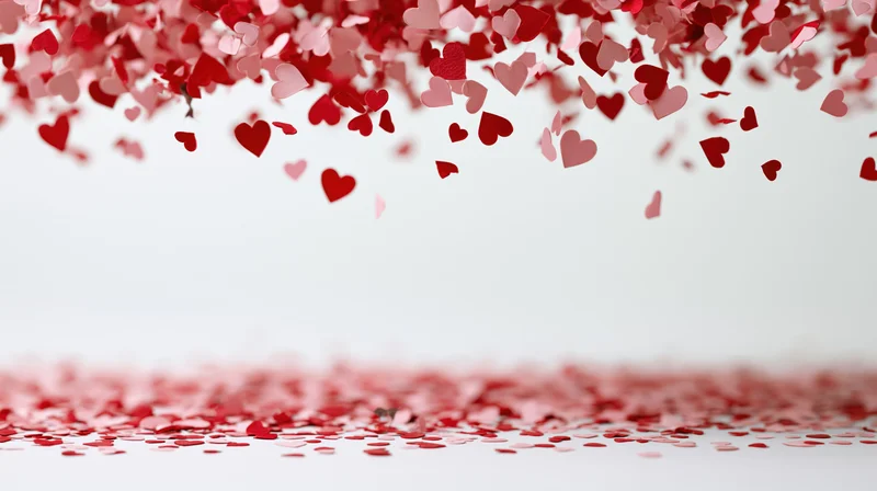 Red and pink paper heart confetti falling from top edge onto white surface with copyspace below