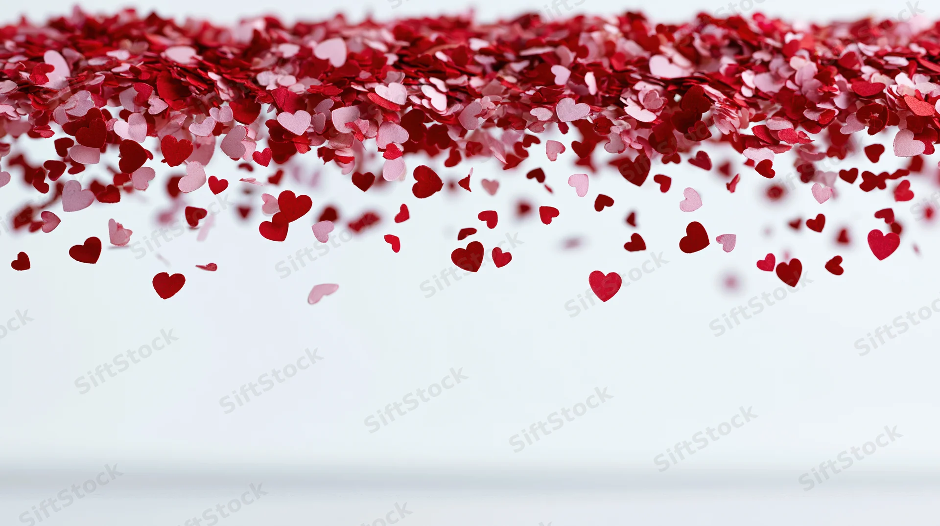 Red and pink paper heart confetti falling from the top edge against a white background with copyspace below