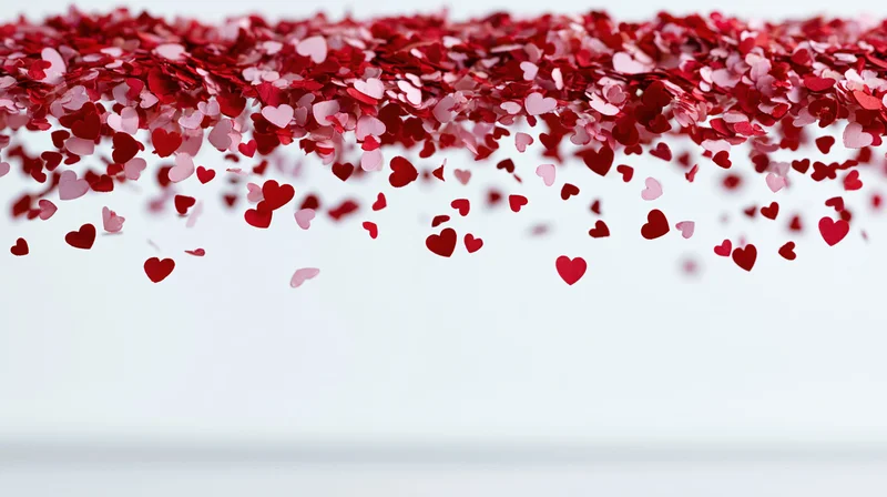 Red and pink paper heart confetti falling from the top edge against a white background with copyspace below