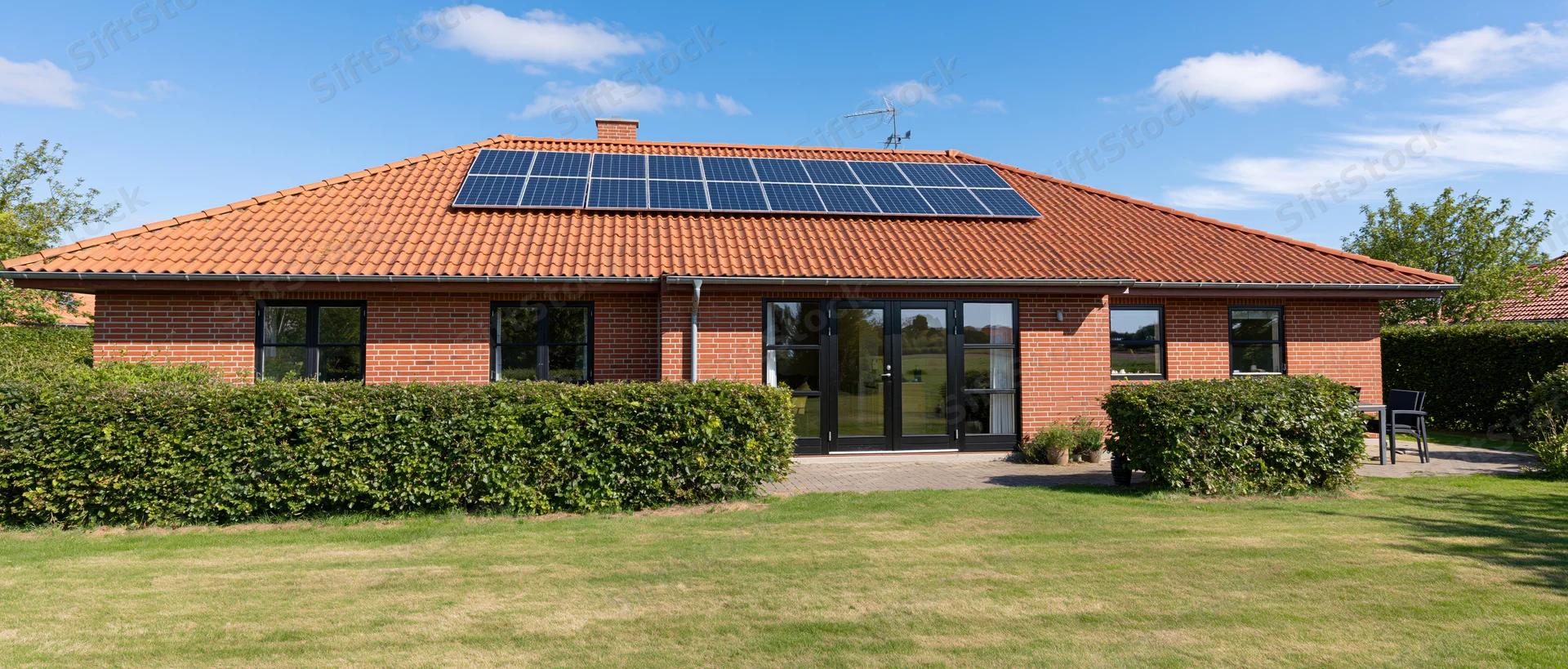 Red brick house with solar panels on terracotta roof surrounded by green lawn and hedge