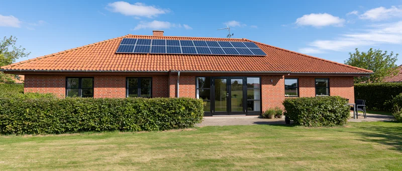 Red brick house with solar panels on terracotta roof surrounded by green lawn and hedge