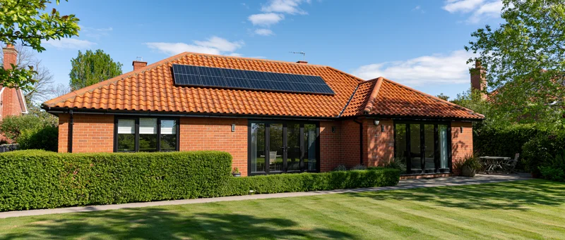 Red brick house with solar panels on terracotta tiled roof surrounded by green lawn and hedge