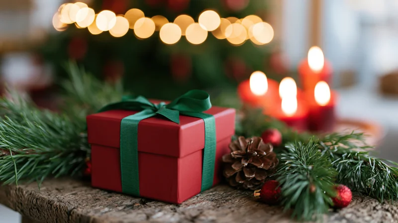Red gift box with green ribbon on rustic wooden surface surrounded by pine branches, pinecone, candles and blurred christmas tree lights