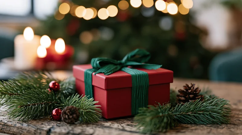 Red gift box with green ribbon on rustic wooden table surrounded by pine branches and candles, christmas tree lights blurred in background