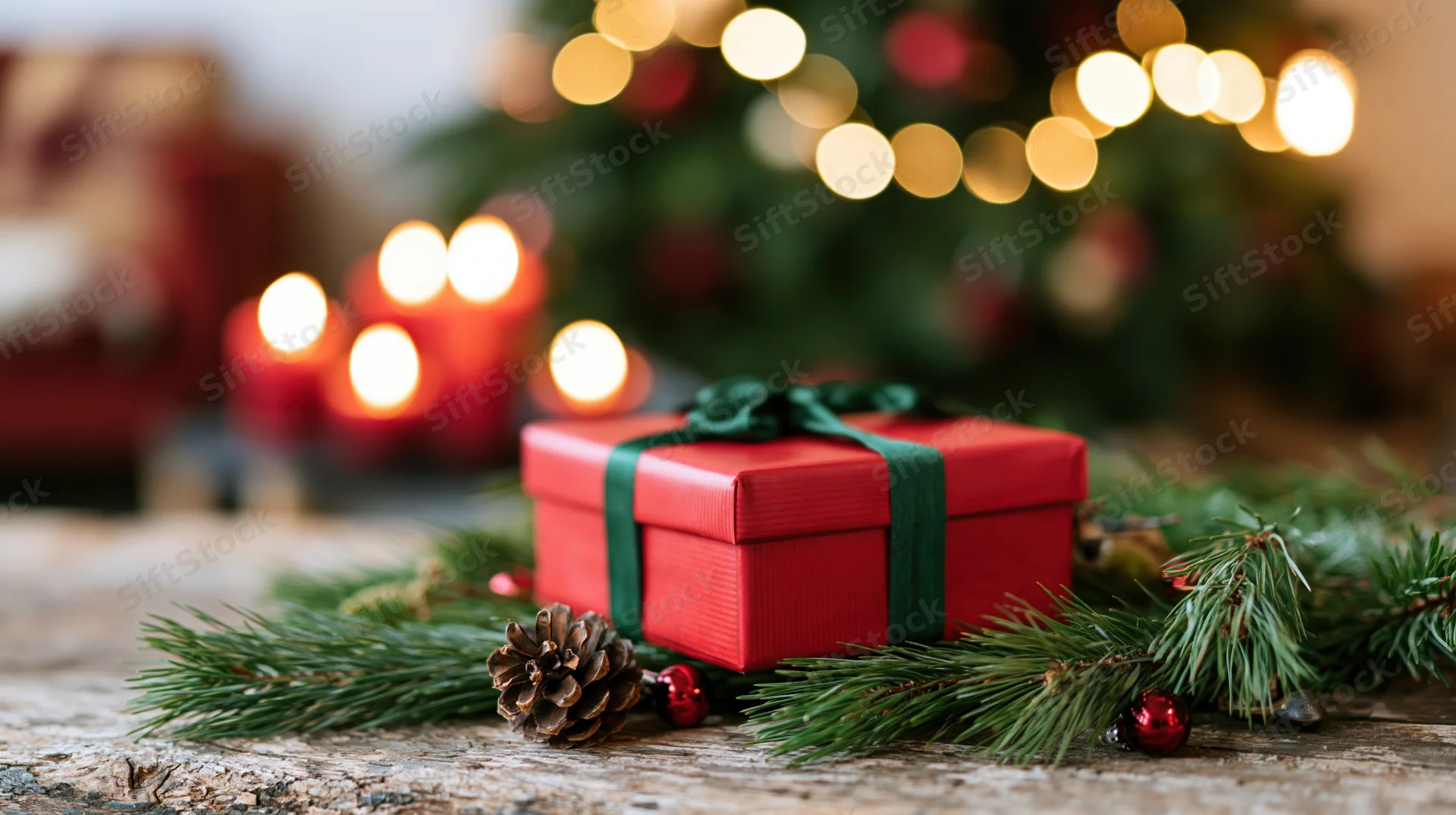 Red gift box with green ribbon on rustic wooden table surrounded by pine branches and candles with blurred christmas tree lights in background