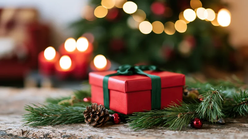 Red gift box with green ribbon on rustic wooden table surrounded by pine branches and candles with blurred christmas tree lights in background
